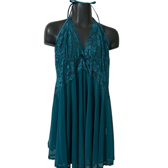Ended Avidlove Size XL EUC Lingerie Dress Babydoll Aqua Open Back Lace Mesh - Picture 1 of 2